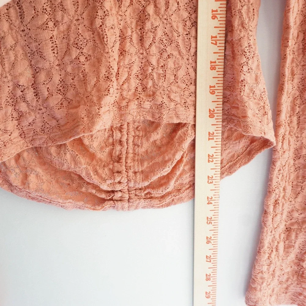 Free People Lace Ruched Top Blouse Long Sleeve Drawstring Peach Boho Bohemian‎ S